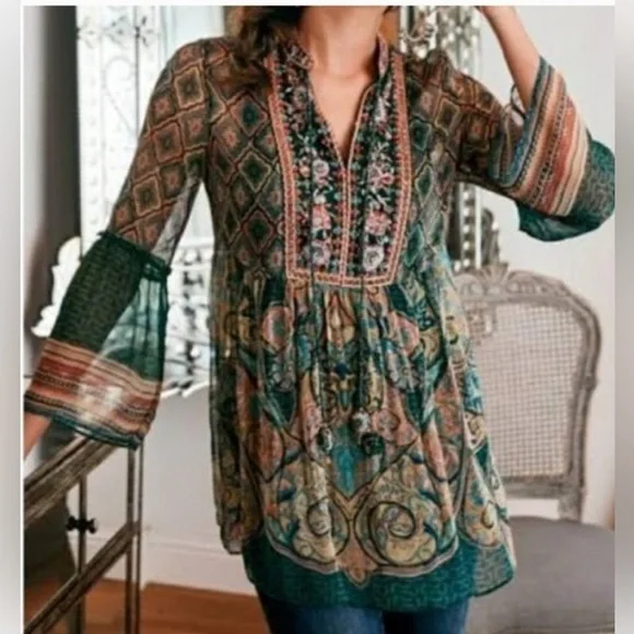 Soft Surroundings L/S Embroidered Embossed Emerald Shira Peasant Blouse Sz 3X - Picture 2 of 14